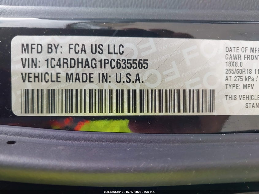 2023 Dodge Durango Sxt Rwd VIN: 1C4RDHAG1PC635565 Lot: 45651010