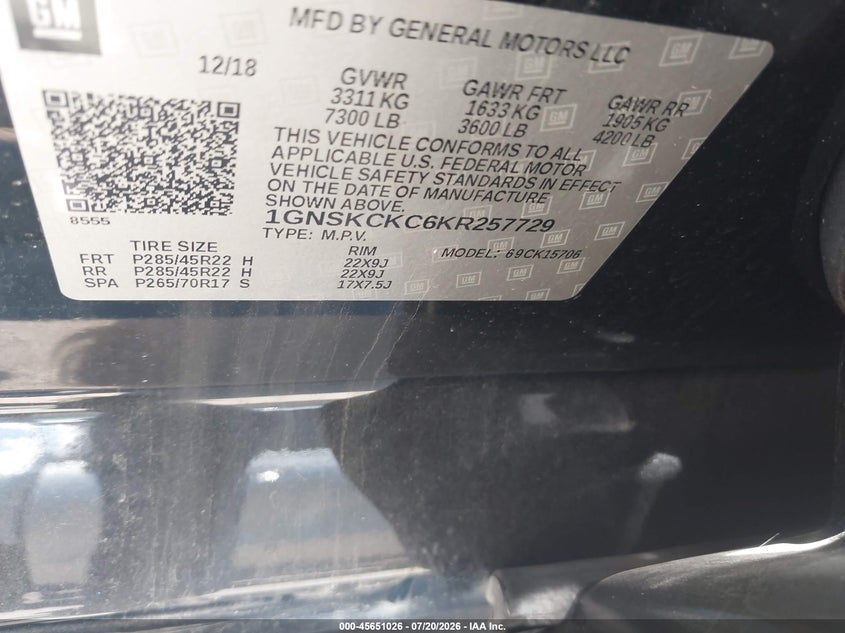 2019 Chevrolet Tahoe Premier VIN: 1GNSKCKC6KR257729 Lot: 45651026