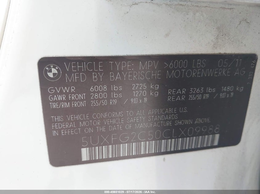 2012 BMW X6 xDrive35I VIN: 5UXFG2C50CLX09988 Lot: 45651029