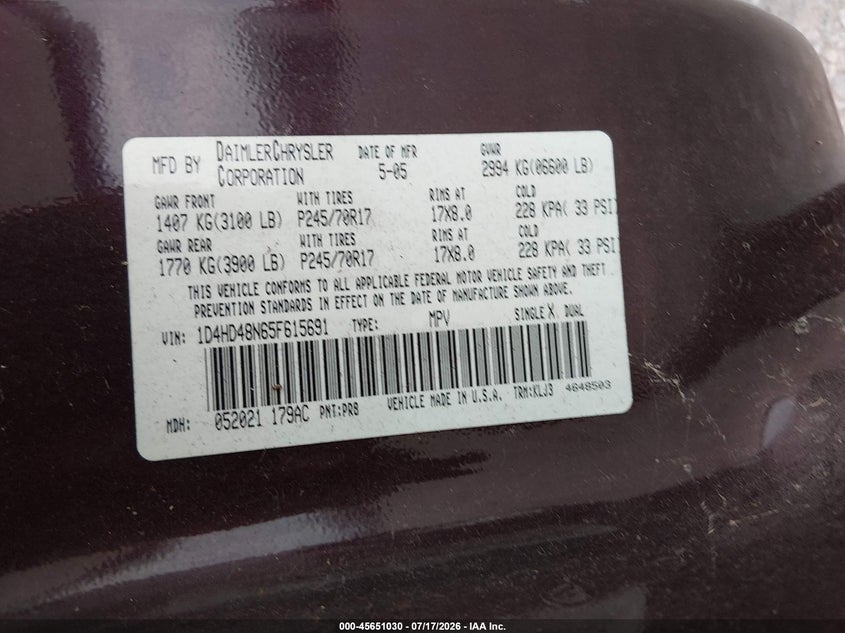 2005 Dodge Durango Slt VIN: 1D4HD48N65F615691 Lot: 45651030