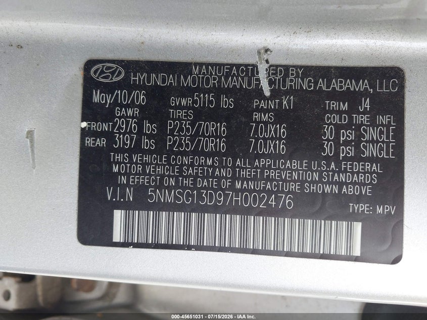 2007 Hyundai Santa Fe Gls VIN: 5NMSG13D97H002476 Lot: 45651031