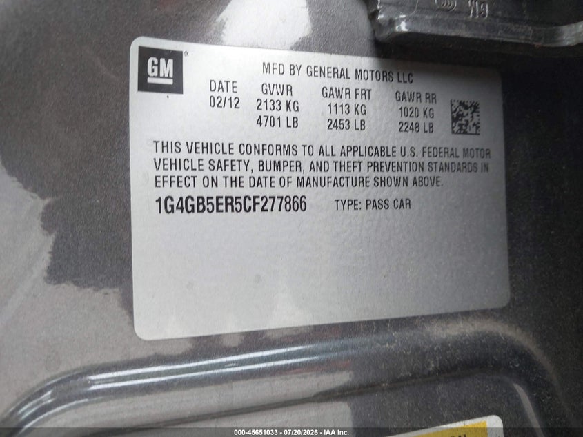 2012 Buick Lacrosse Convenience Group VIN: 1G4GB5ER5CF277866 Lot: 45651033