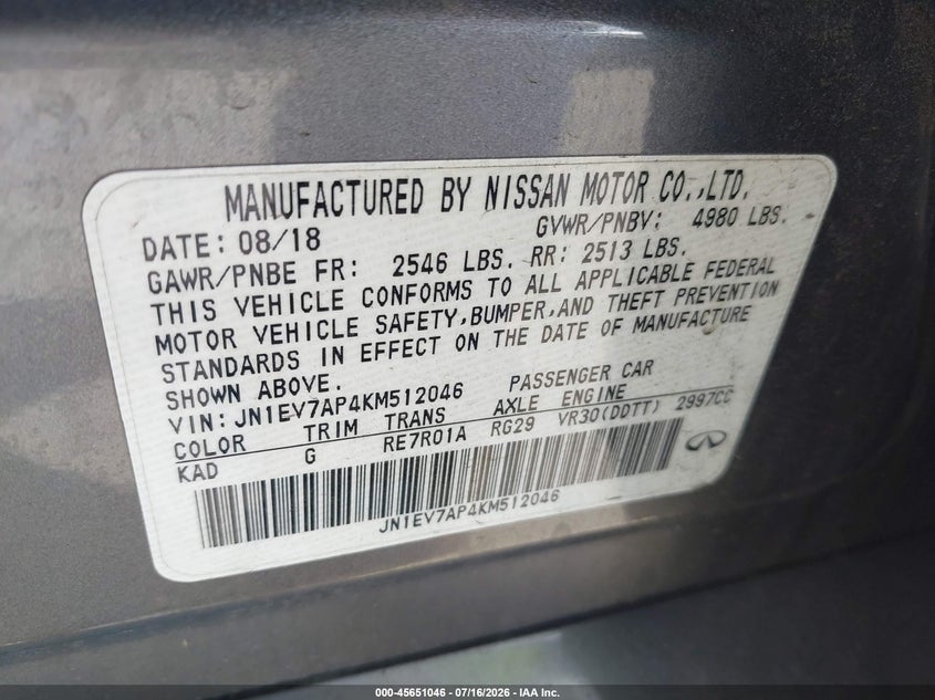 2019 Infiniti Q50 3.0T Sport VIN: JN1EV7AP4KM512046 Lot: 45651046