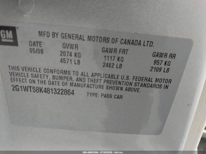 2008 Chevrolet Impala Lt VIN: 2G1WT58K481322864 Lot: 45651054