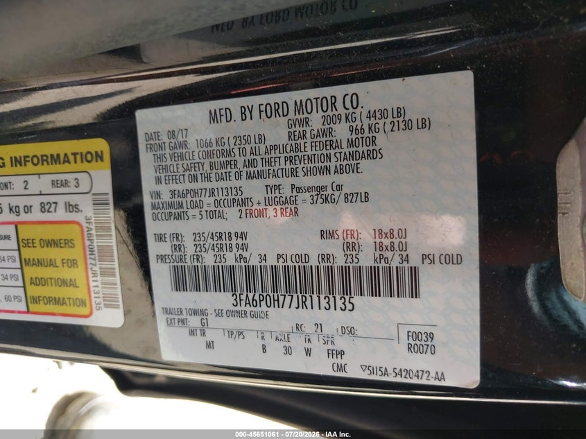 2018 Ford Fusion Se VIN: 3FA6P0H77JR113135 Lot: 45651061
