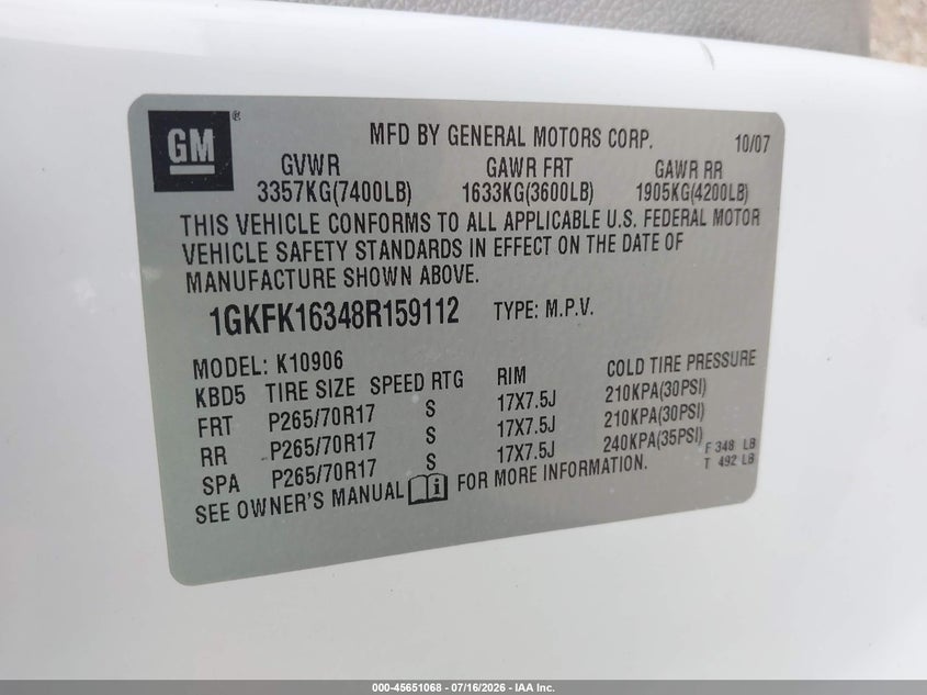 2008 GMC Yukon Xl 1500 Slt VIN: 1GKFK16348R159112 Lot: 45651068