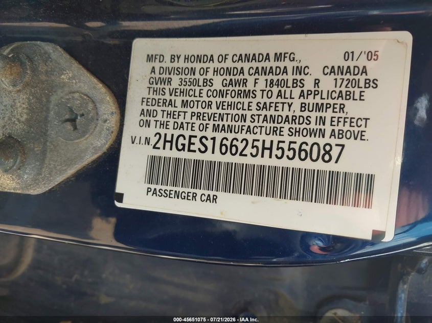 2005 HONDA CIVIC SEDAN 1.7L I-4 115HP
