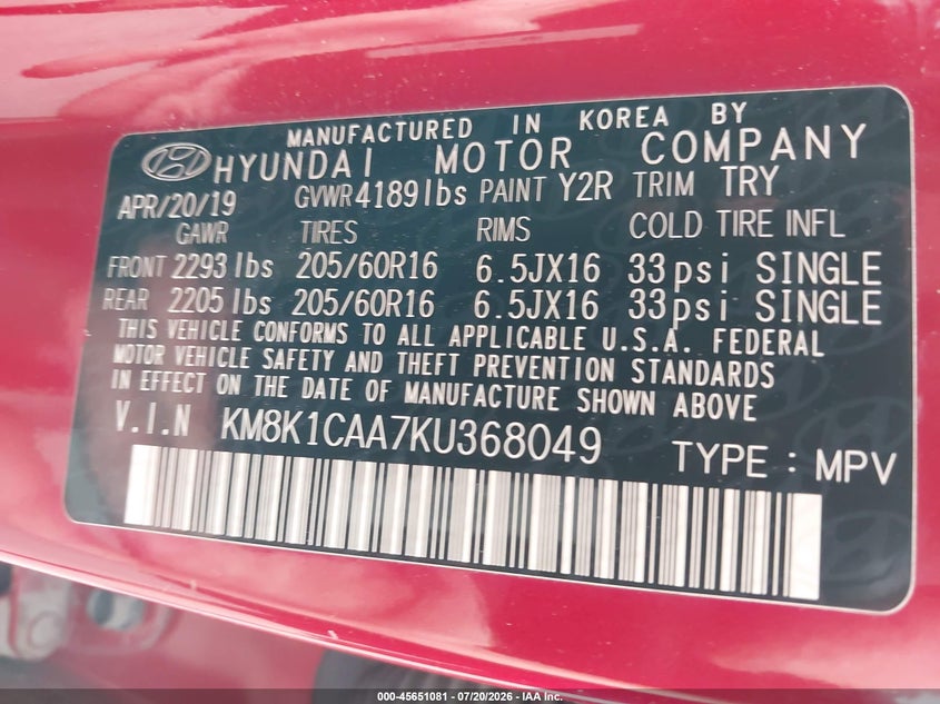 2019 Hyundai Kona Se VIN: KM8K1CAA7KU368049 Lot: 45651081
