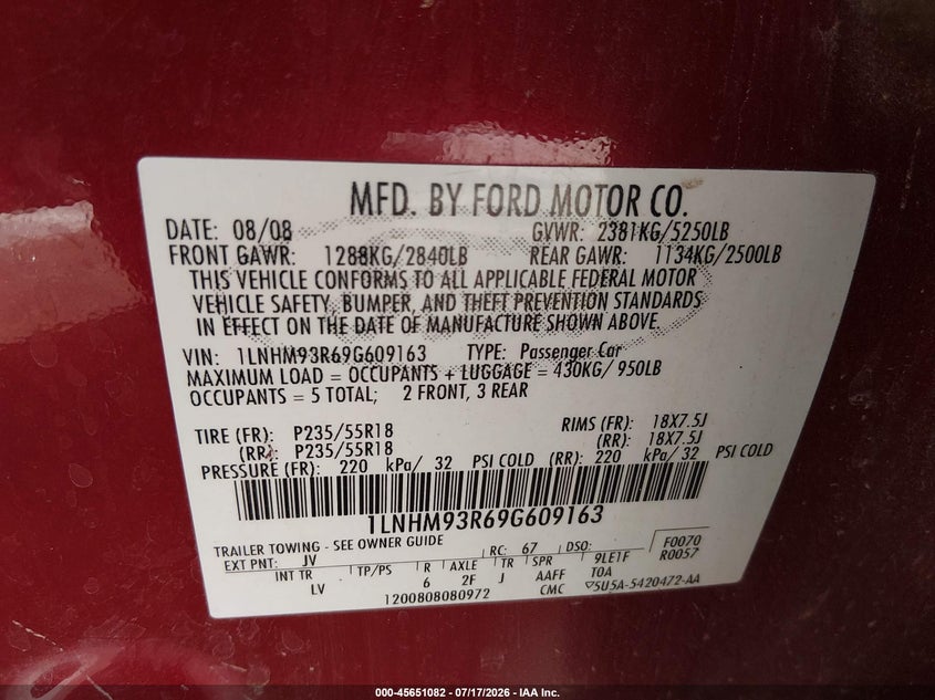 2009 Lincoln Mks VIN: 1LNHM93R69G609163 Lot: 45651082