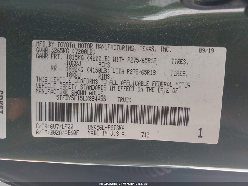 2020 Toyota Tundra Trd Pro VIN: 5TFDY5F15LX884455 Lot: 45651085