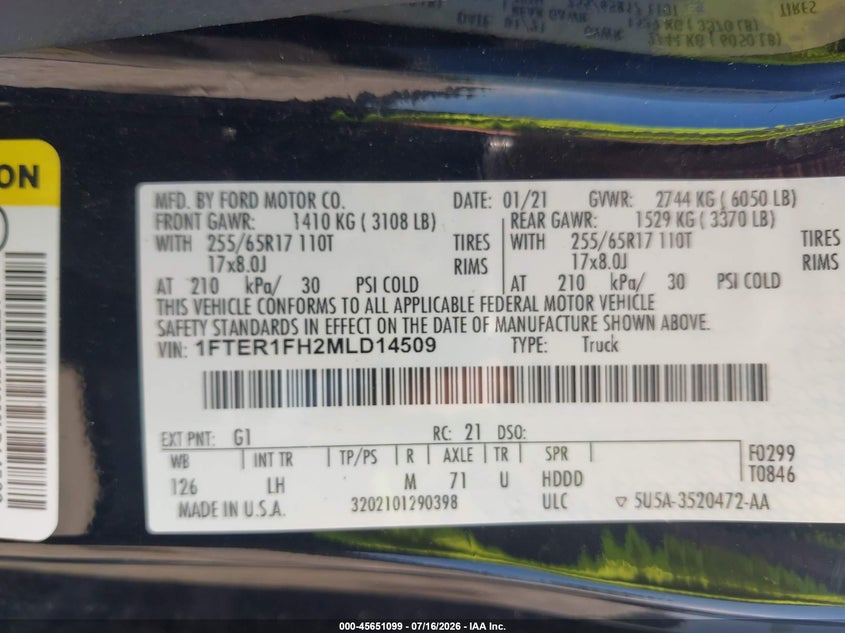 2021 Ford Ranger Xlt VIN: 1FTER1FH2MLD14509 Lot: 45651099