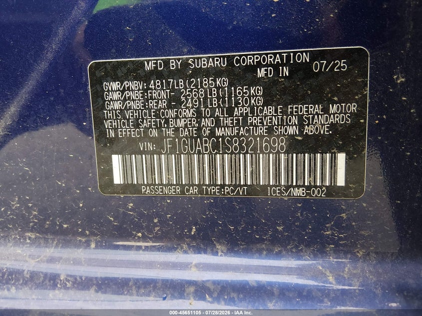 SUBARU IMPREZA 2025 VIN JF1GUABC1S8321698