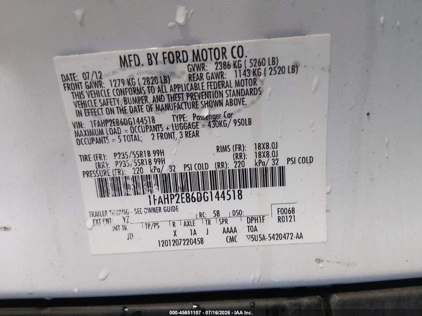 2013 Ford Taurus Sel VIN: 1FAHP2E86DG144518 Lot: 45651107