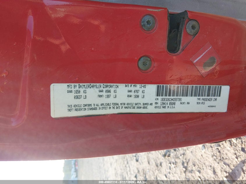 DODGE NEON 2004 VIN 1B3ES26C04D557391