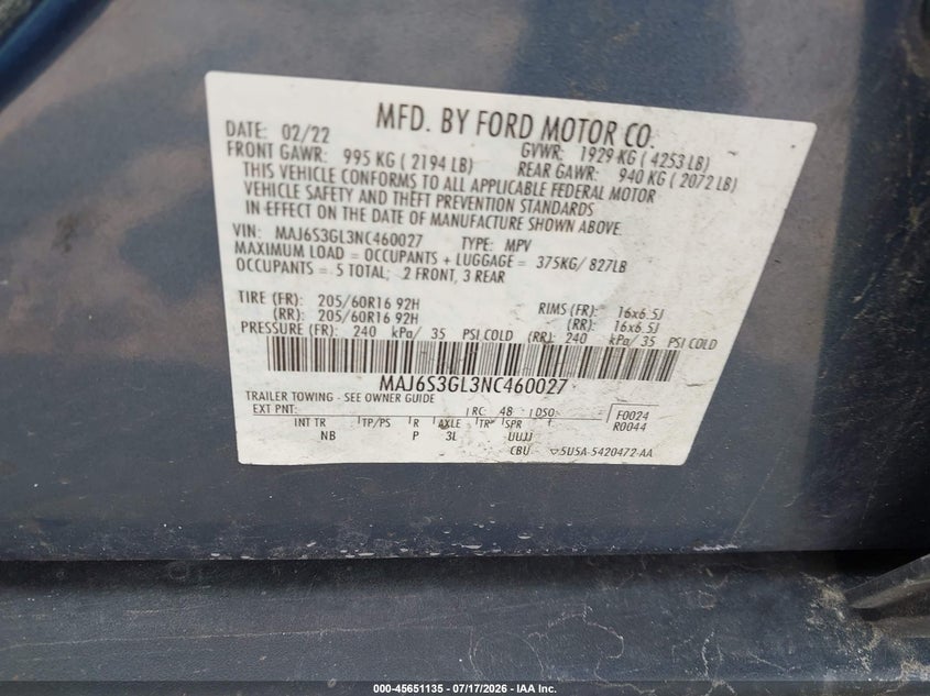 2022 Ford Ecosport Se VIN: MAJ6S3GL3NC460027 Lot: 45651135