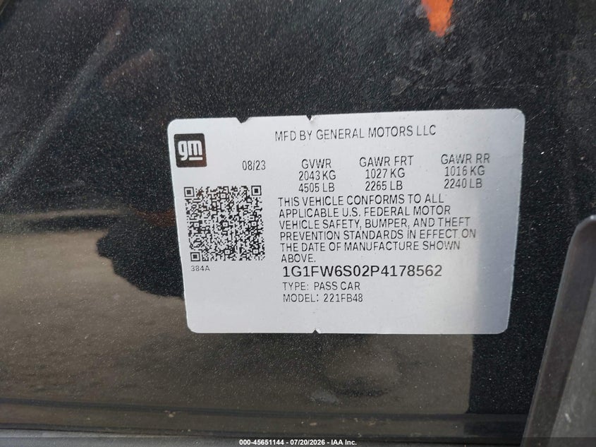 CHEVROLET BOLT EV 2023 VIN 1G1FW6S02P4178562