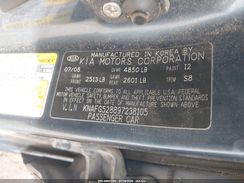 2009 Kia Rondo Lx VIN: KNAFG528897238105 Lot: 45651154