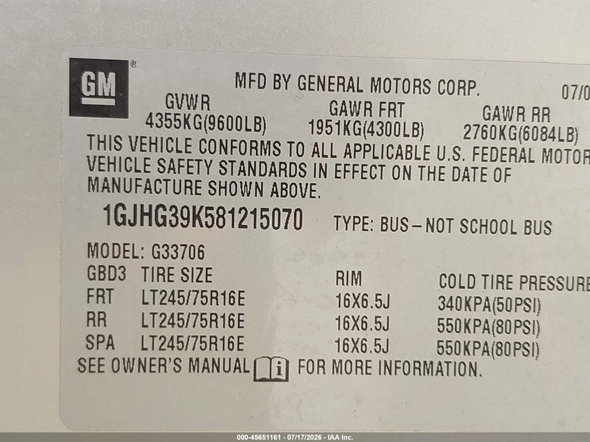 2008 GMC Savana Passenger Ls VIN: 1GJHG39K581215070 Lot: 45651161