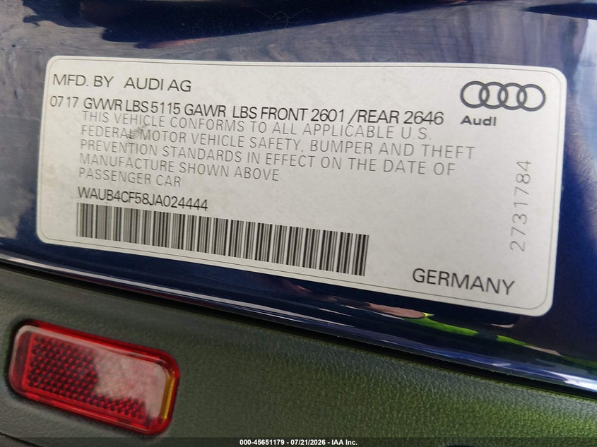 2018 Audi S5 3.0T Premium Plus VIN: WAUB4CF58JA024444 Lot: 45651179