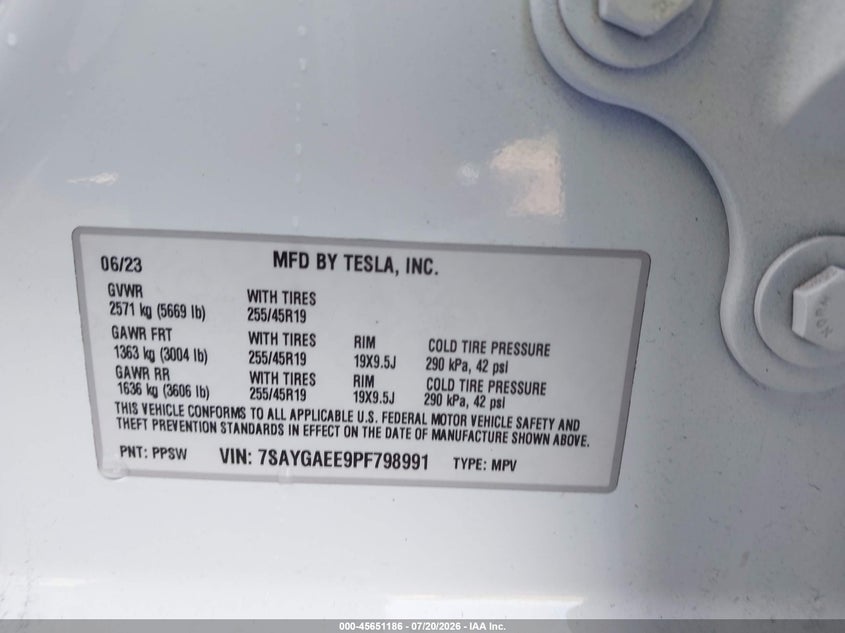 2023 Tesla Model Y Awd/Long Range Dual Motor All-Wheel Drive VIN: 7SAYGAEE9PF798991 Lot: 45651186