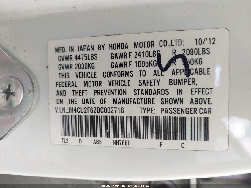 2013 Acura Tsx 2.4 VIN: JH4CU2F62DC002716 Lot: 45651191