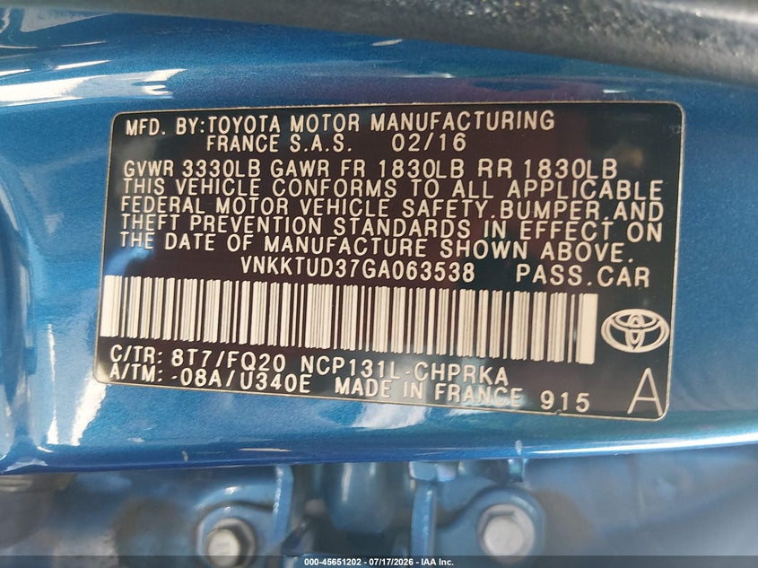 2016 Toyota Yaris L VIN: VNKKTUD37GA063538 Lot: 45651202