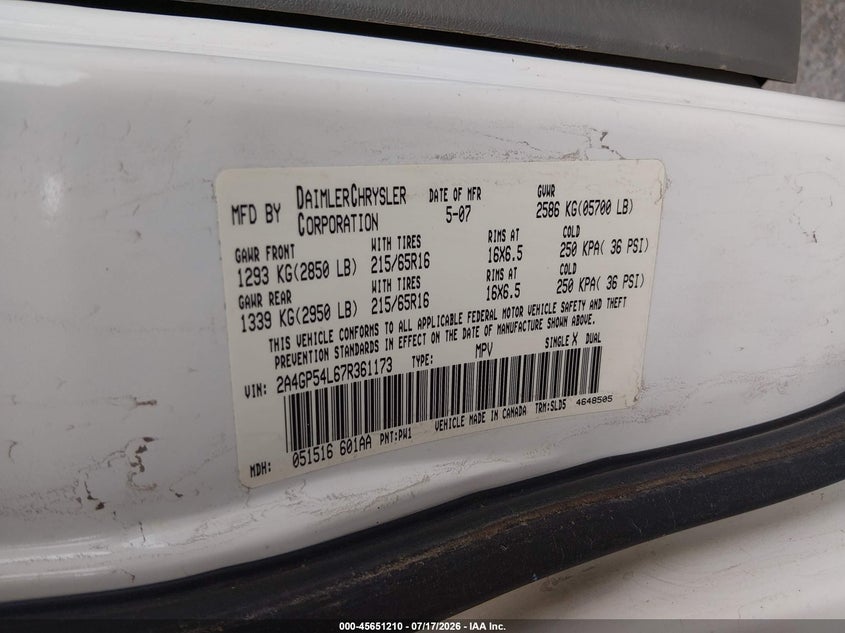 2007 Chrysler Town & Country Touring VIN: 2A4GP54L67R361173 Lot: 45651210