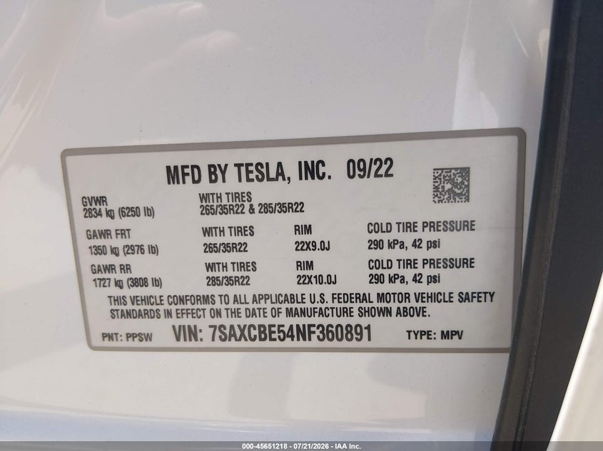 2022 Tesla Model X Dual Motor All-Wheel Drive VIN: 7SAXCBE54NF360891 Lot: 45651218