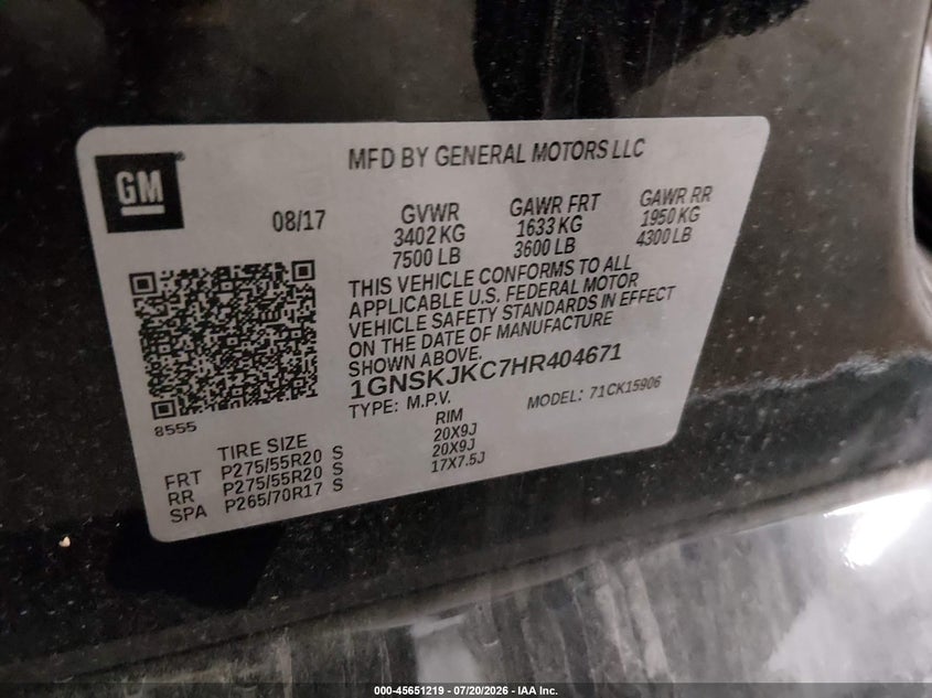 2017 Chevrolet Suburban Premier VIN: 1GNSKJKC7HR404671 Lot: 45651219