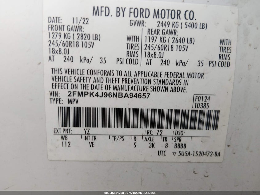 2022 Ford Edge Sel/St-Line VIN: 2FMPK4J96NBA94657 Lot: 45651228