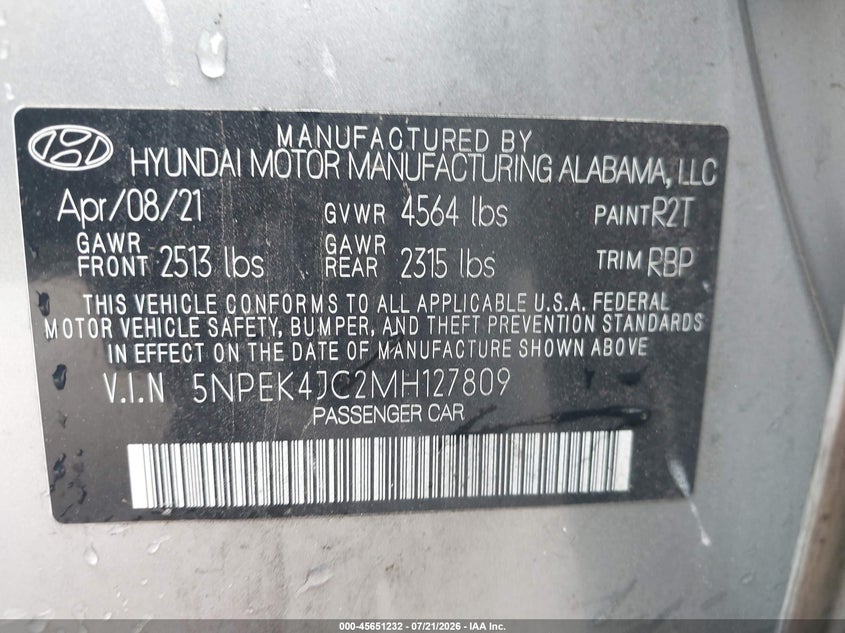 2021 Hyundai Sonata N Line VIN: 5NPEK4JC2MH127809 Lot: 45651232