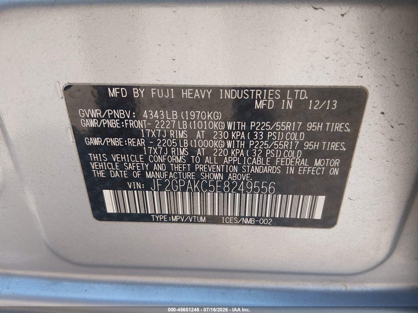 2014 Subaru Xv Crosstrek 2.0I Limited VIN: JF2GPAKC5E8249556 Lot: 45651246