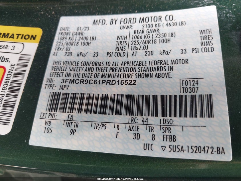 2023 Ford Bronco Sport Outer Banks VIN: 3FMCR9C61PRD16522 Lot: 45651257