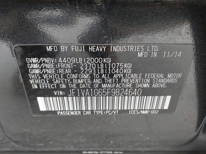 2015 Subaru Wrx Limited VIN: JF1VA1G65F9824640 Lot: 45651264