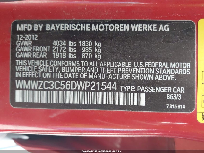 2013 Mini Countryman Cooper S VIN: WMWZC3C56DWP21544 Lot: 45651268