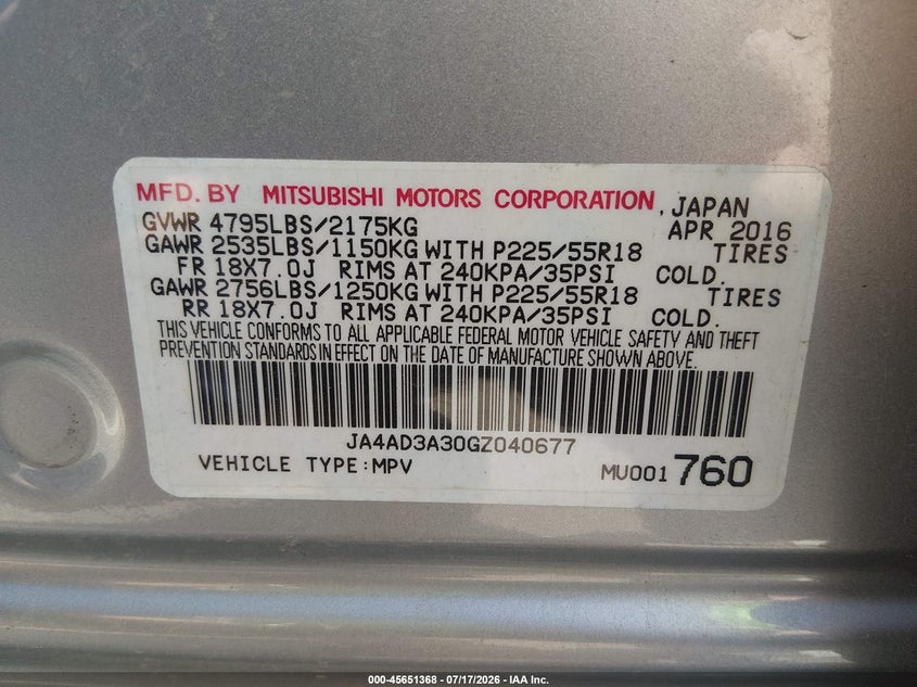 2016 Mitsubishi Outlander Se/Sel VIN: JA4AD3A30GZ040677 Lot: 45651368