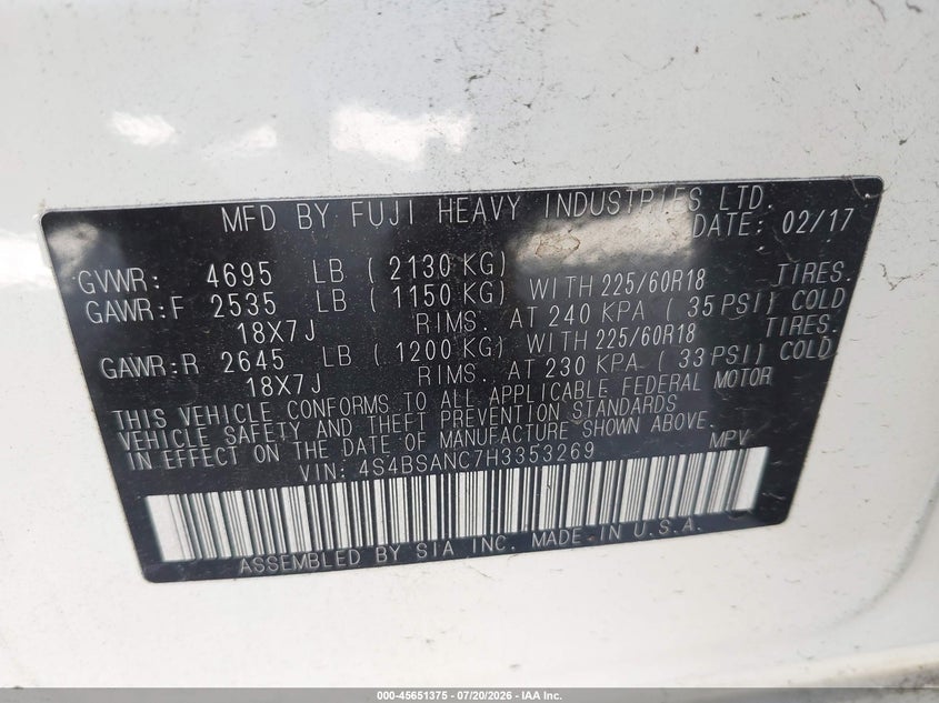 2017 Subaru Outback 2.5I Limited VIN: 4S4BSANC7H3353269 Lot: 45651375