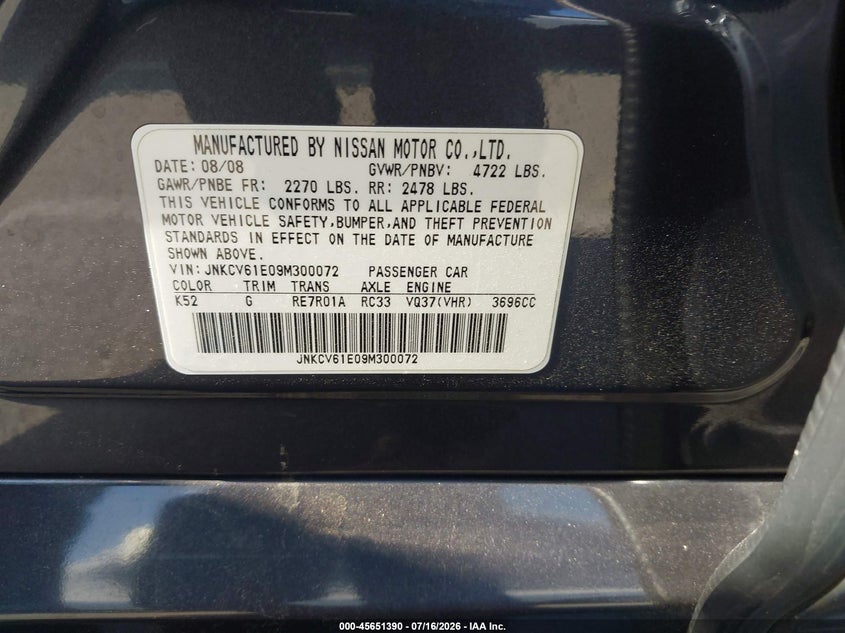 2009 Infiniti G37 Journey VIN: JNKCV61E09M300072 Lot: 45651390