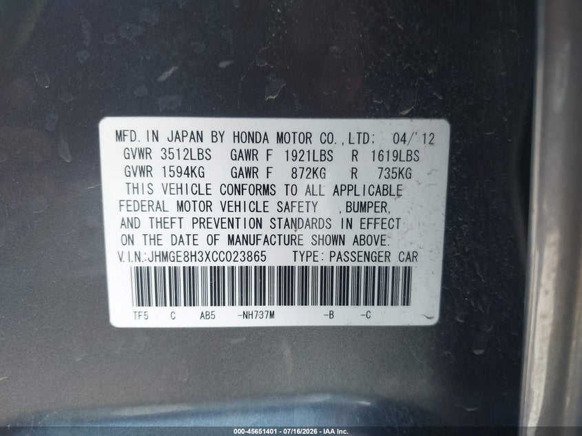 2012 Honda Fit VIN: JHMGE8H3XCC023865 Lot: 45651401
