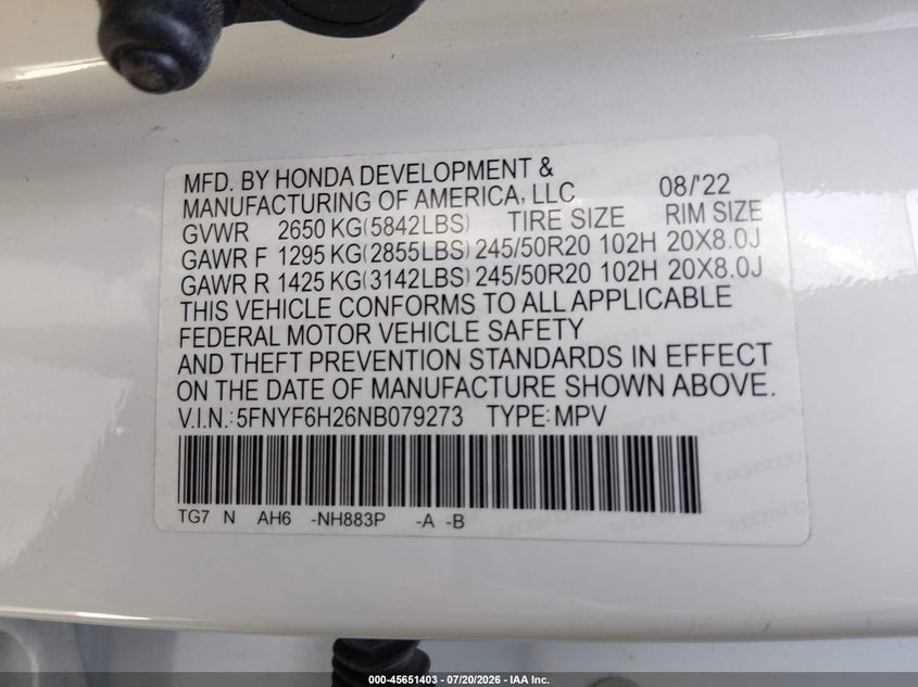2022 Honda Pilot Awd Special Edition VIN: 5FNYF6H26NB079273 Lot: 45651403