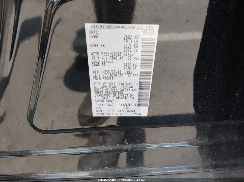 2014 Infiniti Qx60 VIN: 5N1AL0MM2EC508819 Lot: 45651409