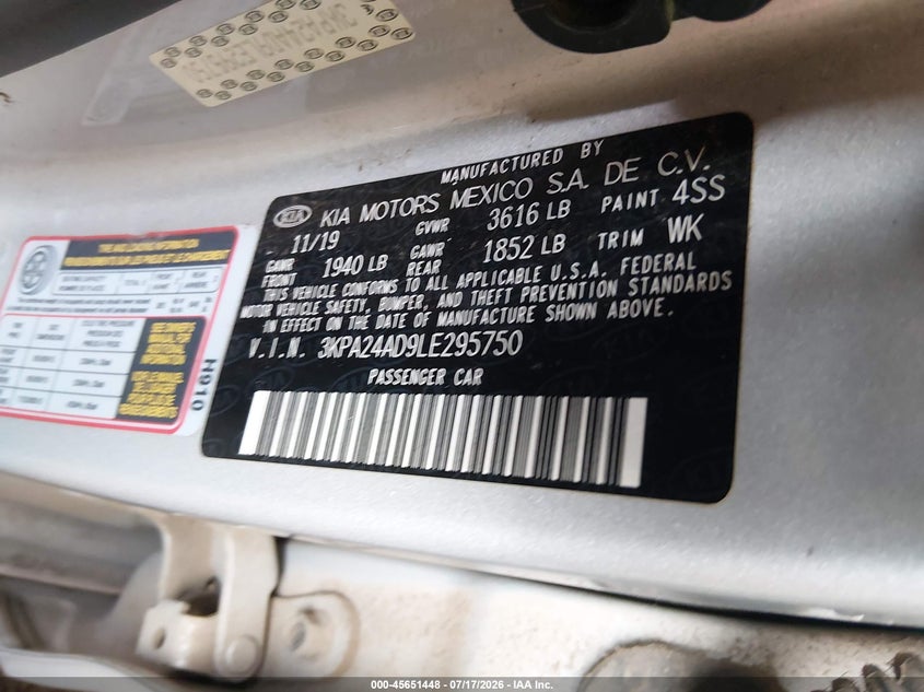 2020 Kia Rio Lx VIN: 3KPA24AD9LE295750 Lot: 45651448