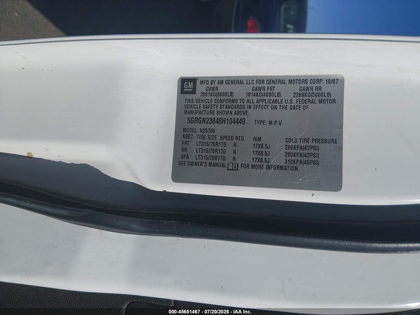 2008 Hummer H2 Suv VIN: 5GRGN23848H104449 Lot: 45651467