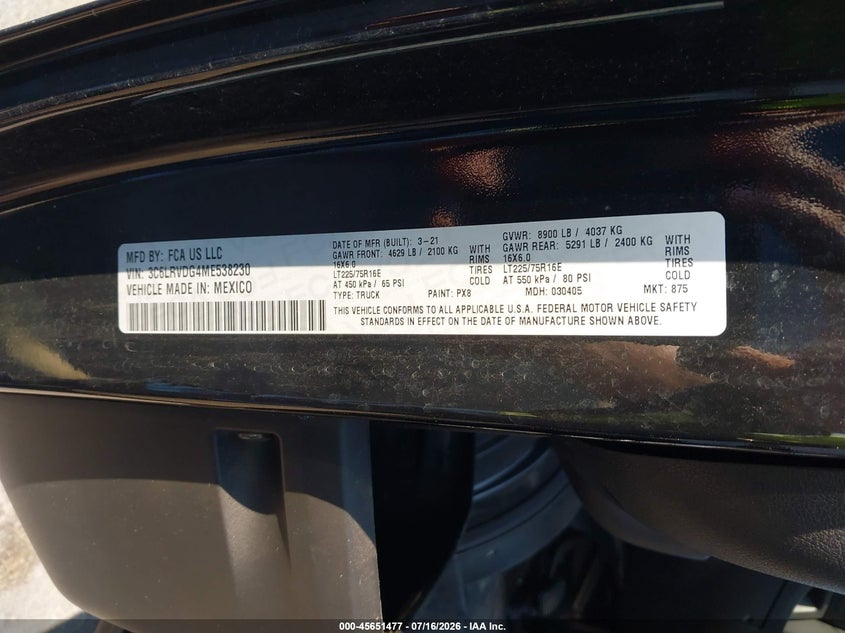 2021 Ram Promaster 2500 High Roof 159 Wb VIN: 3C6LRVDG4ME538230 Lot: 45651477