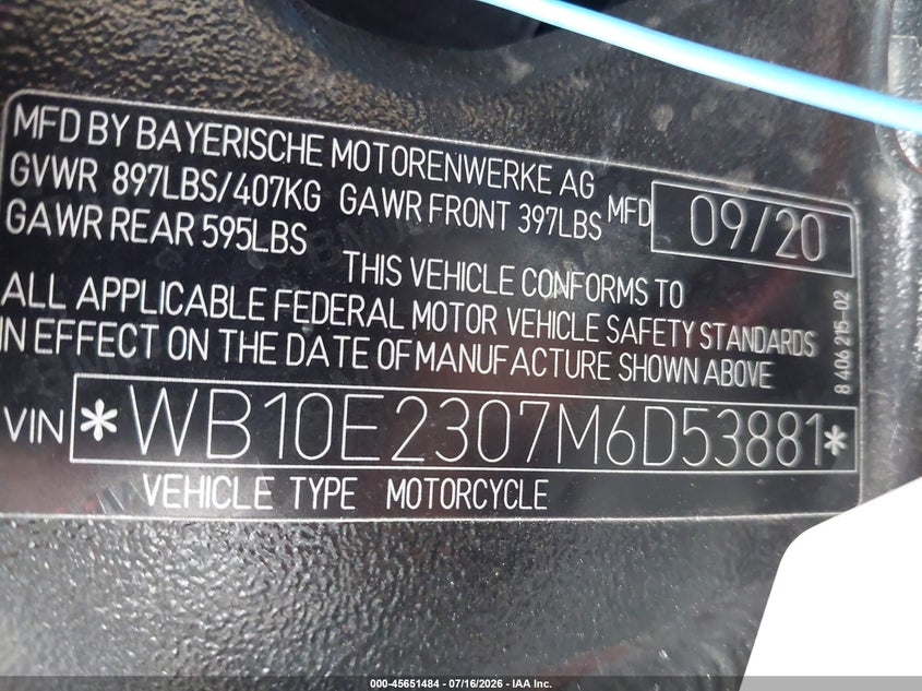 2021 BMW S 1000 Rr VIN: WB10E2307M6D53881 Lot: 45651484