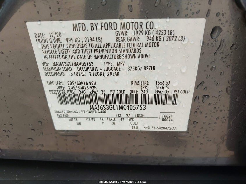2021 Ford Ecosport Se VIN: MAJ6S3GL1MC405753 Lot: 45651491
