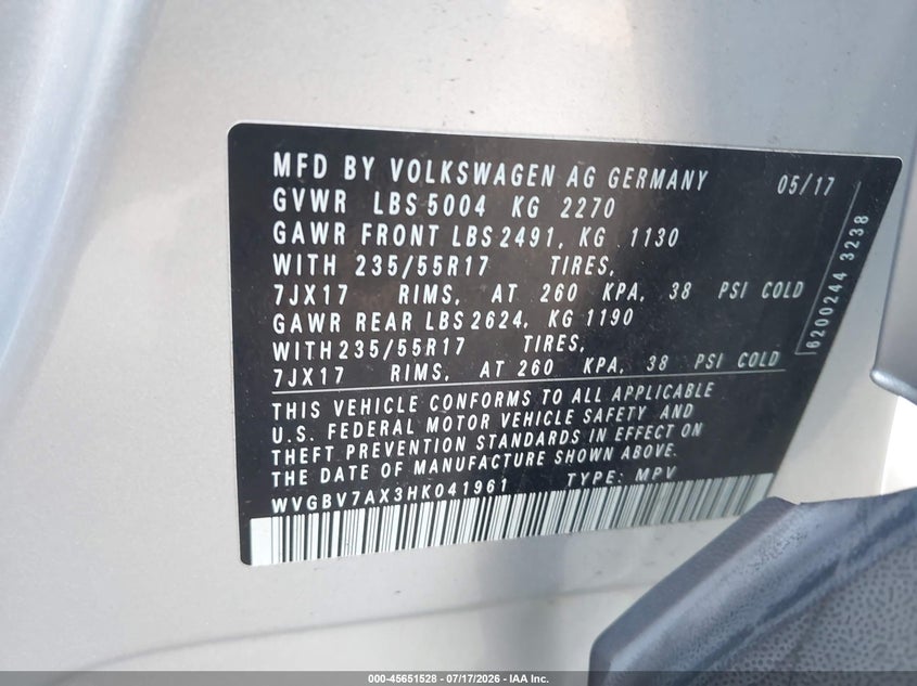 2017 Volkswagen Tiguan 2.0T/2.0T S VIN: WVGBV7AX3HK041961 Lot: 45651528