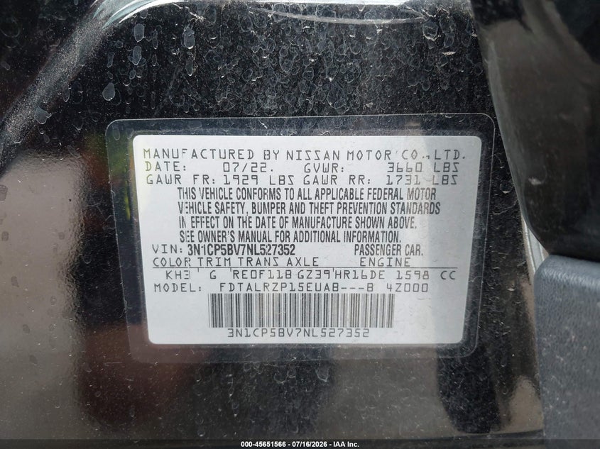 2022 Nissan Kicks S Xtronic Cvt VIN: 3N1CP5BV7NL527352 Lot: 45651566