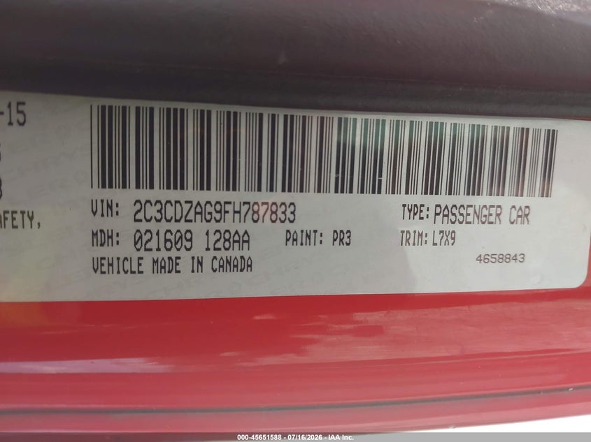 2015 Dodge Challenger Sxt VIN: 2C3CDZAG9FH787833 Lot: 45651588