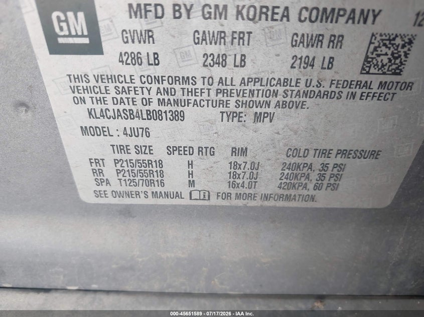 2020 Buick Encore Fwd Preferred VIN: KL4CJASB4LB081389 Lot: 45651589
